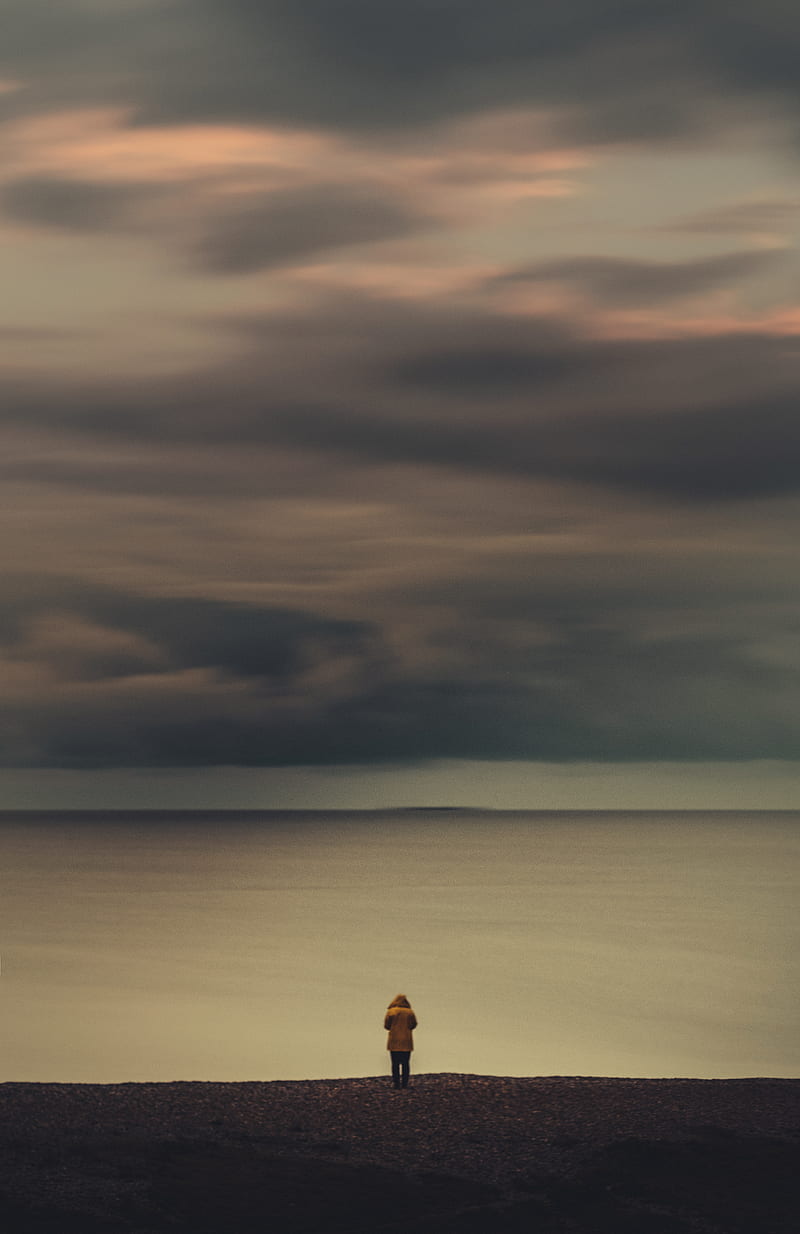 person standing and facing calm sea, HD phone wallpaper