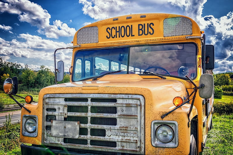 Old school bus, School bus, Yellow, Sky, Old, Transport, Bus, HD wallpaper