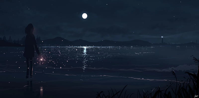 anime night, horizon, moon, anime girl silhouette, reflection, stars, Anime, HD wallpaper