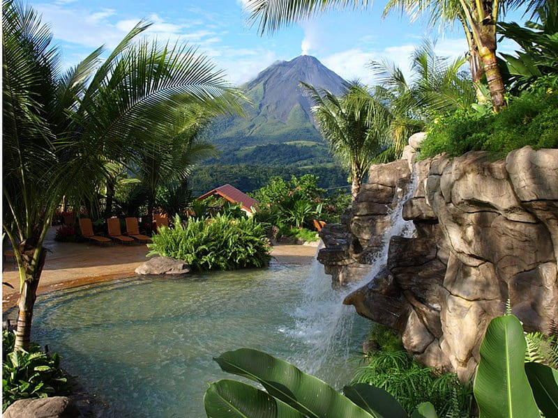 Volcanic Mountain Spa Retreat, health, retreat, bonito, volcano, palm trees, dream, swimming, luxury, forest, exotic, pool, paradise, mountains, spa, volcanic, jacuzzi, tropical, luxurious, HD wallpaper