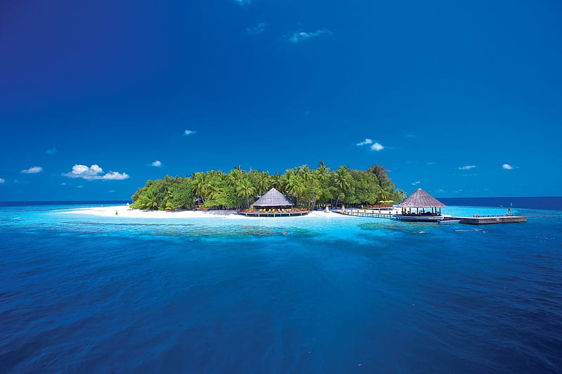 The Perfect Island, polynesia, islands, exotic, ocean, pacific, south, sea, lagoon, beach, sand, paradise, island, white, tropical, luxury, blue, HD wallpaper