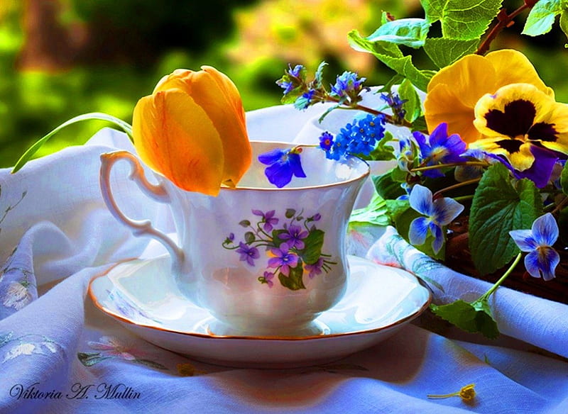 Cup with spring flowers, artist, grapher, yellow, bonito, floral, graphy, pansies, flowers, tulip, porcelain, blue, art, violets, soft, spring, freshness, cup, HD wallpaper