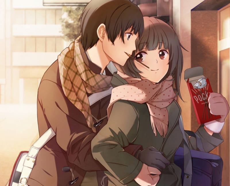 Cute Couple, date, romance, pocky, cuteshort hair, cute, hug, anime, scarf,  anime girl, HD wallpaper | Peakpx