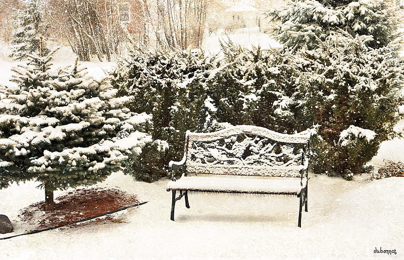 Romantic Winter, romantic, snow, park, garden bench, winter, HD wallpaper