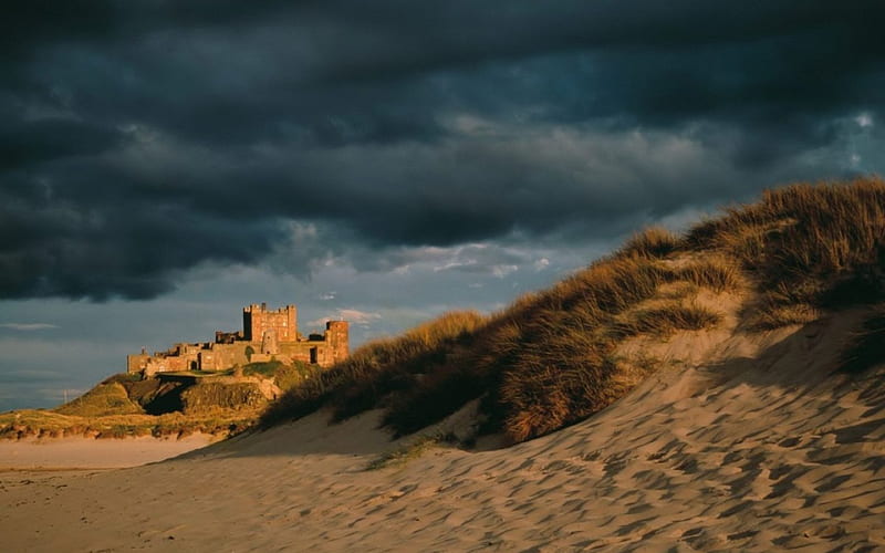 old castle on a sea coast under stormy sky, sand, dunes, clouds, castle, storm, coast, HD wallpaper
