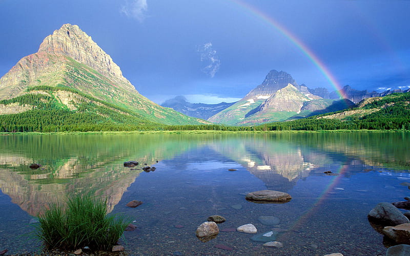 Alpine Landscape, quiet, rainbow, sky, lake, alpine, mountain, water, landscape, blue, HD wallpaper