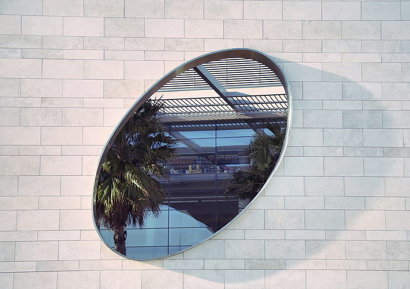 oval mirror on white brick pathway, HD wallpaper