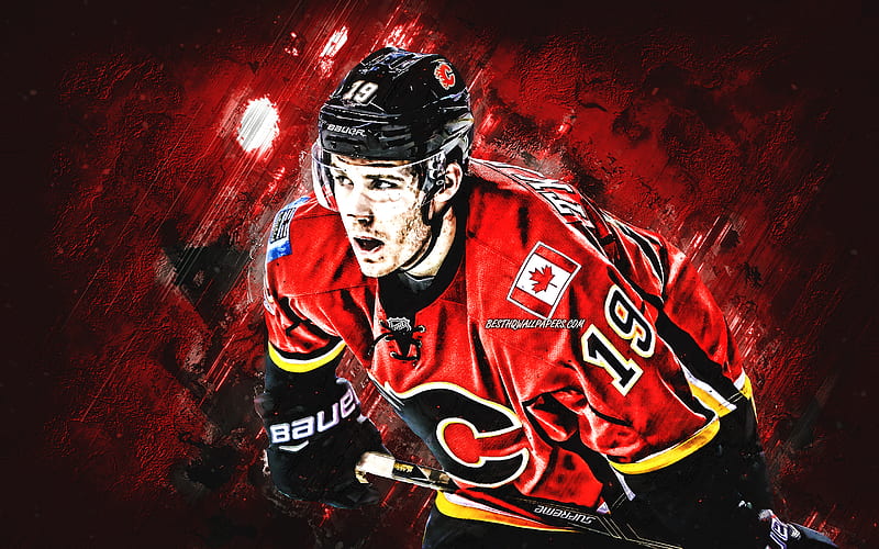 Johnny Gaudreau, Calgary Flames, NHL, american ice hockey player, red stone  background, HD wallpaper