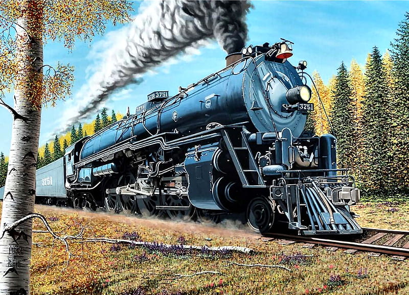 Santa Fe Express - Train, railroad, art, locomotive, bonito, illustration, artwork, train, engine, painting, wide screen, tracks, HD wallpaper