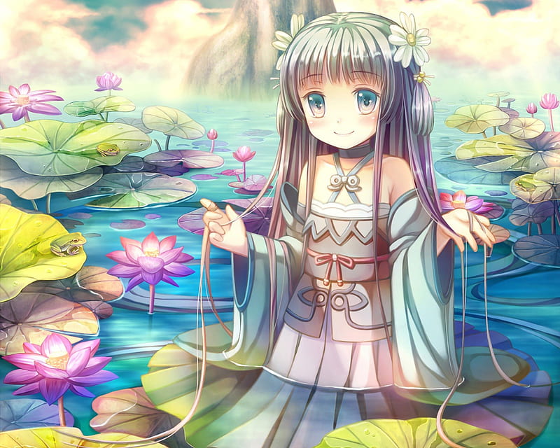 Lotus Pond, pretty, lotus, dress, lily pond, bonito, floral, sweet, nice, anime, beauty, anime girl, long hair, female, lovely, water lily, gown, pond, cute, frog, kawaii, water, girl, flower, HD wallpaper