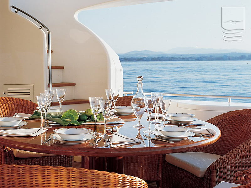 Luxury at Sea, table, water, boat, dining, glasses, chairs, luxury, HD wallpaper