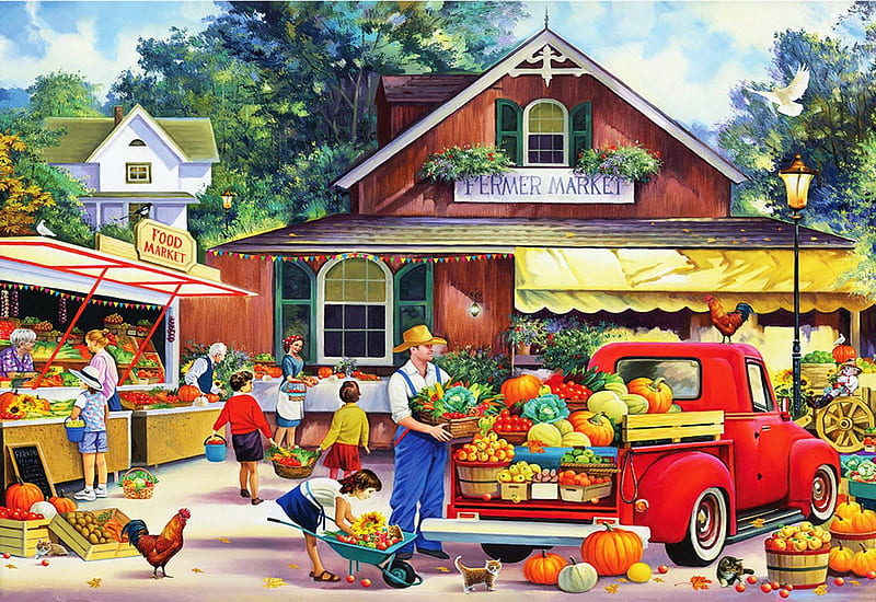 Bringing In the Harvest, vegetables, car, pumpkins, poultry, painting, house, market, HD wallpaper