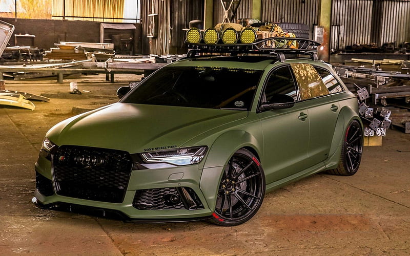 Audi RS6, 2018, sport wagon, military style, tuning RS6, green matte, German cars, ADV1 wheels, Army Green, Audi, HD wallpaper