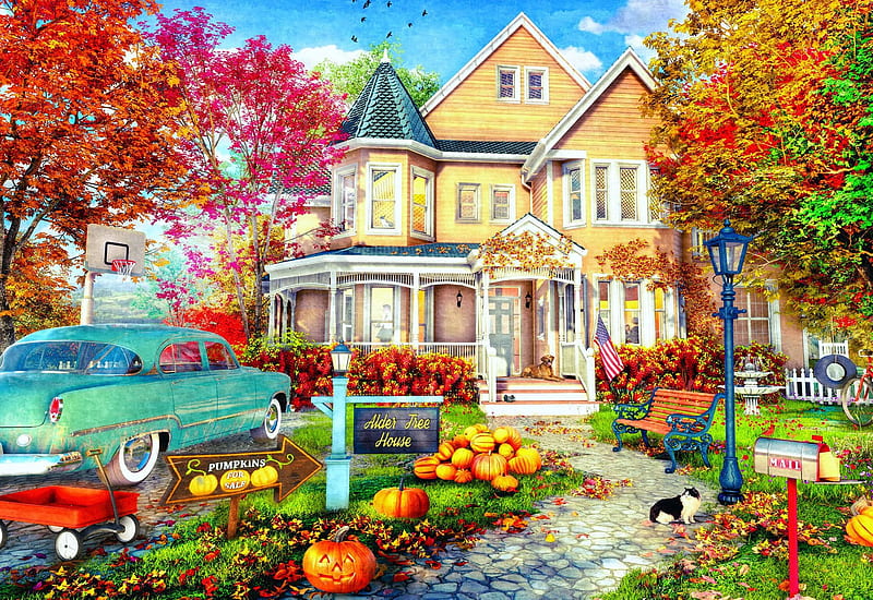 Autumn Townhouse , artwork, pumpkins, dog, digital, leaves, trees, cottage, road, car, HD wallpaper