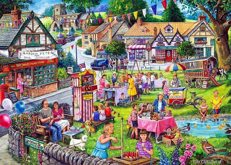 Village Fete, charity, houses, place, artwork, tree, people, painting, store, street, HD wallpaper
