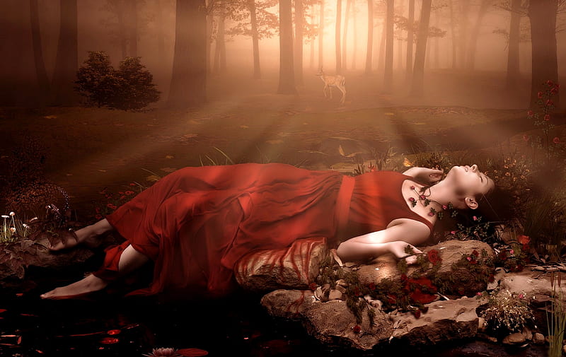 WAKE UP !, sleep, red dress, woman, fog, deer, faint, fantasy, flowers, sunshine, morning, laying, HD wallpaper