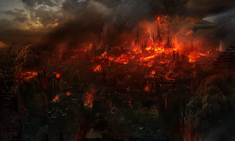 I want to see the ground give way, red, death, destruction, burning, black, finally, city, l fire, end, flood, chaos, HD wallpaper