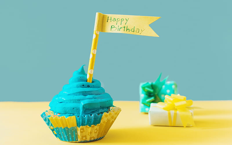Happy Birtay, blue cupcake, sweets, pastries, congratulation, background for birtay postcard, blue cream, cake, HD wallpaper