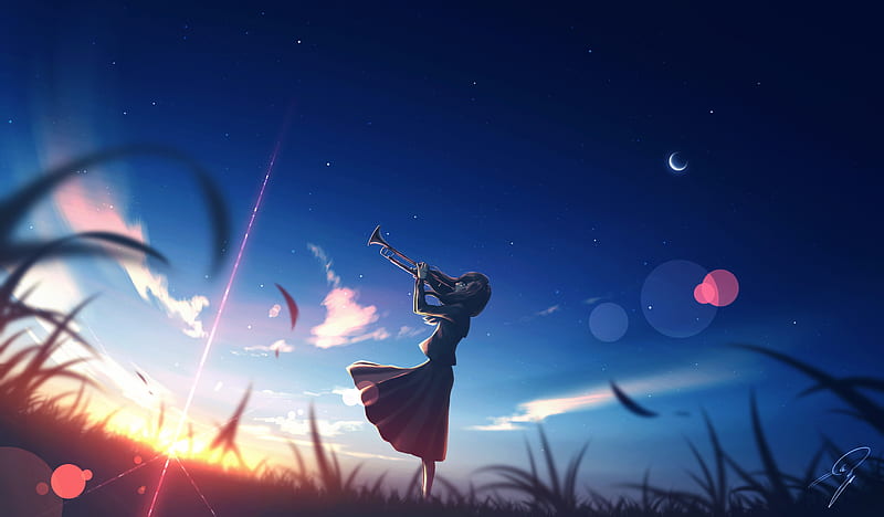 Anime, Original, Girl, Long Hair, Sky, Starry Sky, Sunset, Trumpet, HD wallpaper