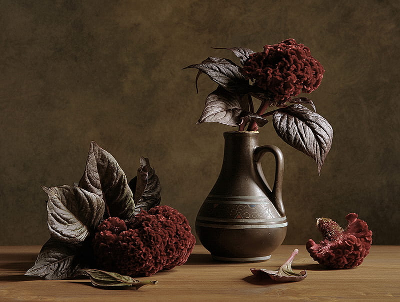 Chocolate, table, delicious, warm, pitcher, floral, leaves, earthy, burgundy browns, rich, flowers, colour, display, natural, wood, HD wallpaper