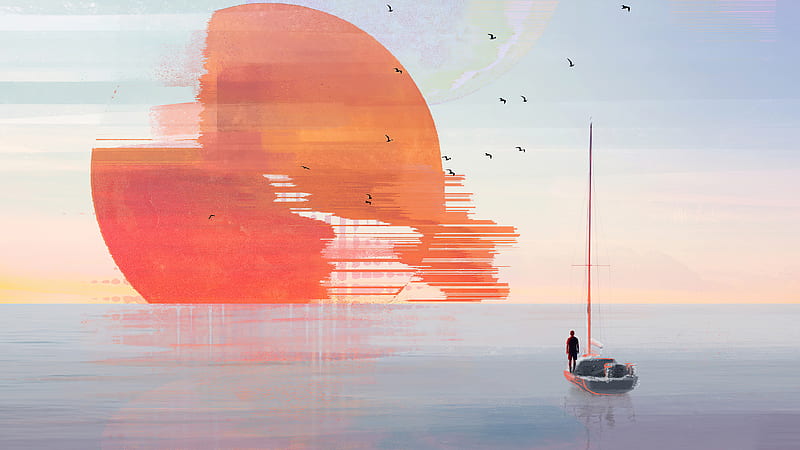 boat, giant sun, painting, drawing, man, artwork, Landscape, HD wallpaper