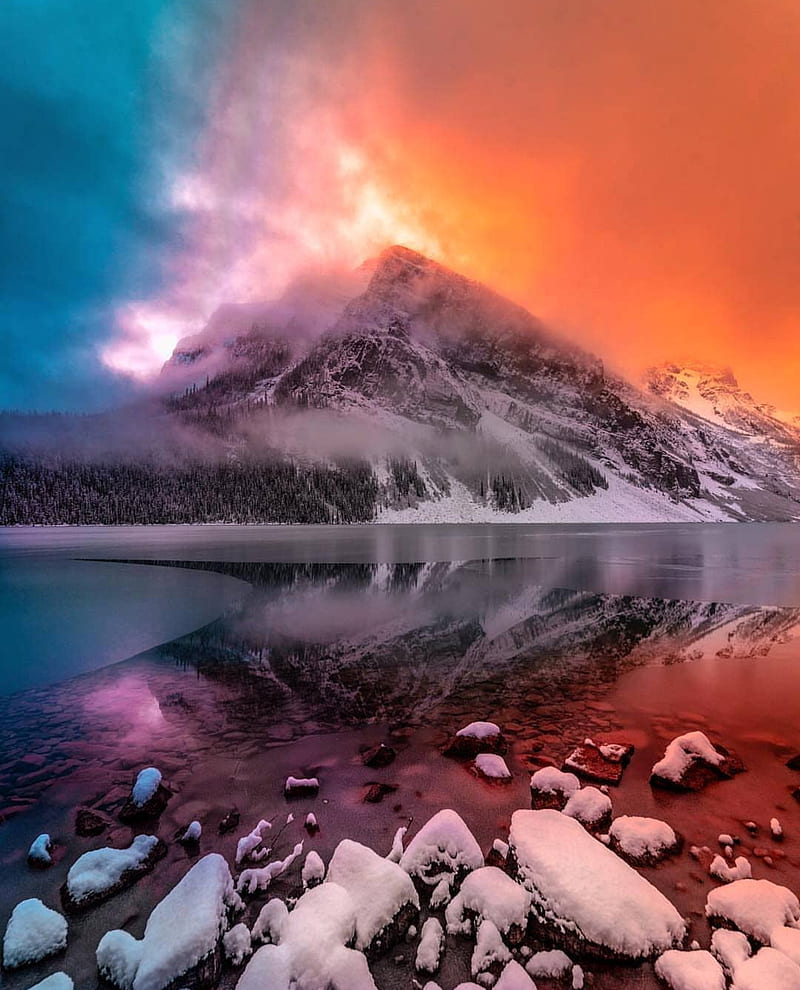 Fire and Ice Sky, orange, blue, sky, ice, mountain, sunset, clouds, HD phone wallpaper