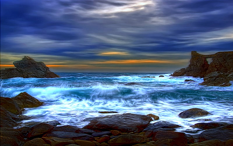 The Blue, breezing, rocks, ocean, shinny, clouds, wave, HD wallpaper