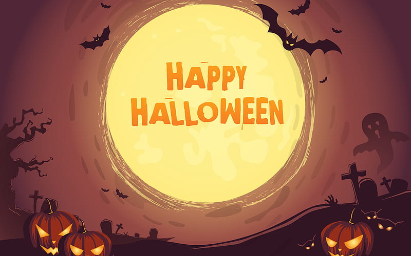 Happy Halloween, moon, night, pumpkin, bat, creative, Halloween Party, HD wallpaper