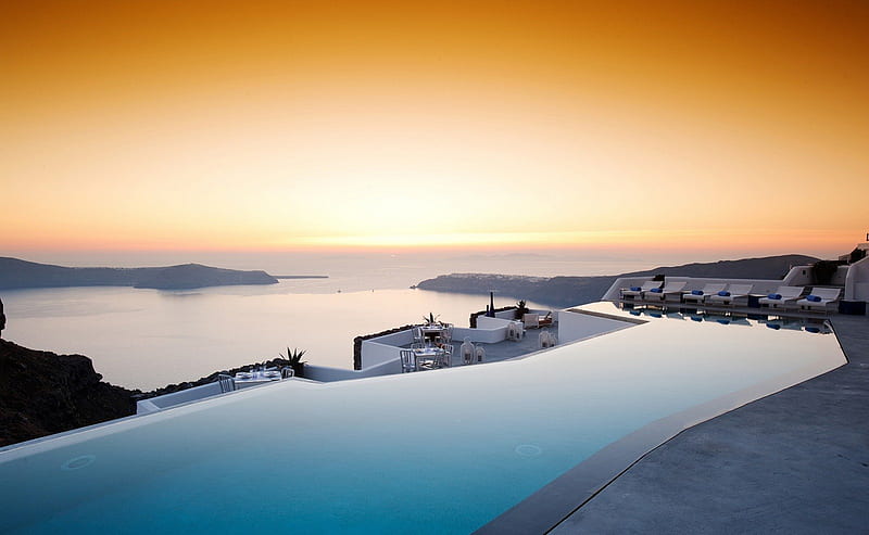Sunset over Santorini, greece, greek, sun, orange, dusk, bonito, sunset, twilight, sea, evening, swimming, ocean, still, pool, set, paradise, island, down, coast, HD wallpaper