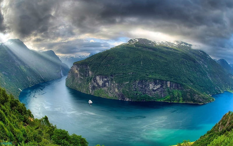Norway, fjord, rocks, sun, ship, mountains, HD wallpaper