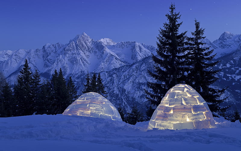 Iglu in Eastern Tirol, iglu, huts, mountains, trees, night, winter, HD wallpaper