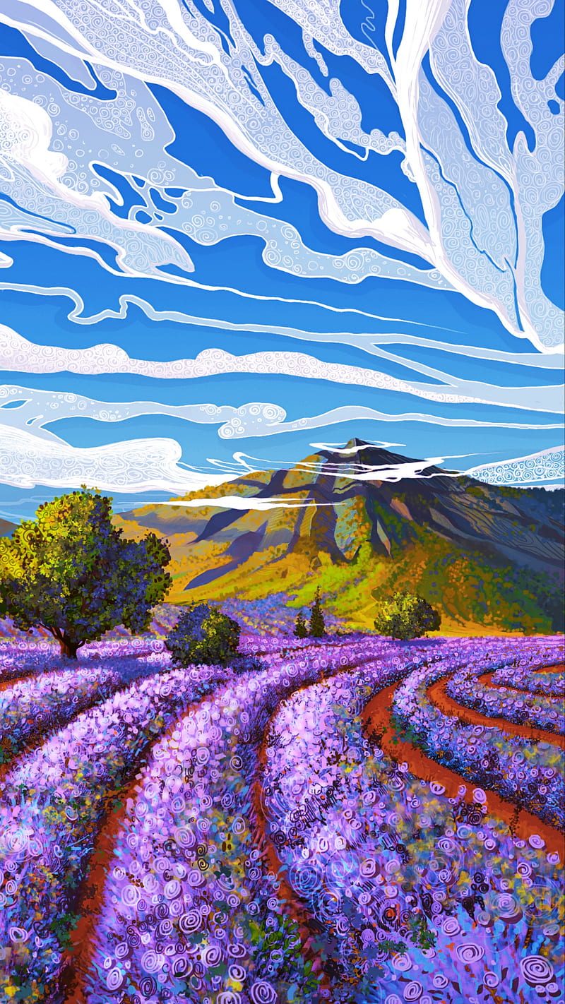Lavenders Field , art, landscape, mountain, lavender, colorful, HD phone wallpaper