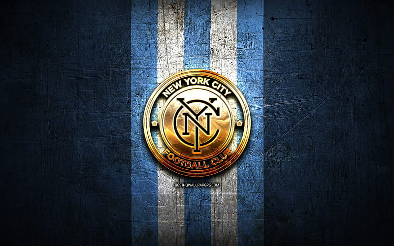 New York City FC, golden logo, MLS, blue metal background, american soccer club, NYC FC, United Soccer League, New York City FC logo, soccer, USA, HD wallpaper