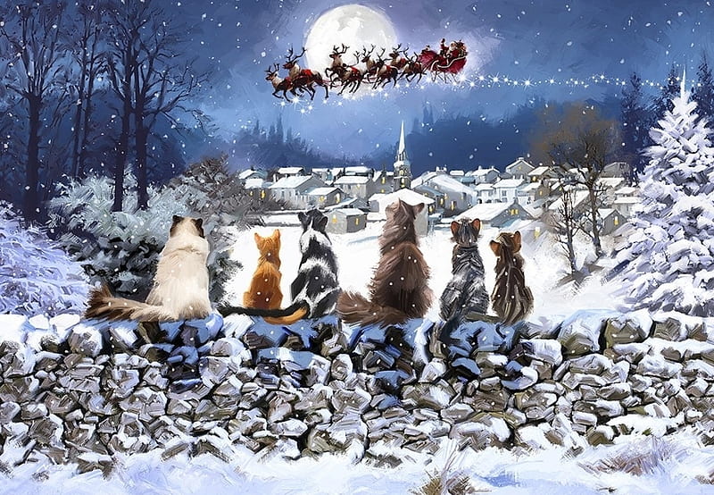 :), fantasy, santa, moon, moon, reindeer, pisici, cat, art, iarna, winter, HD wallpaper