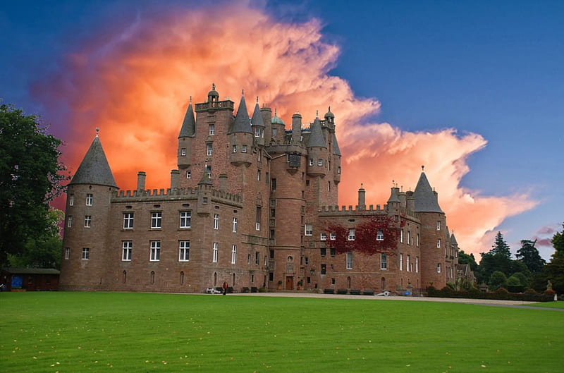 Glamis Castle, Scotland, building, cloud, impressive, sunset, reflection, landscape, HD wallpaper