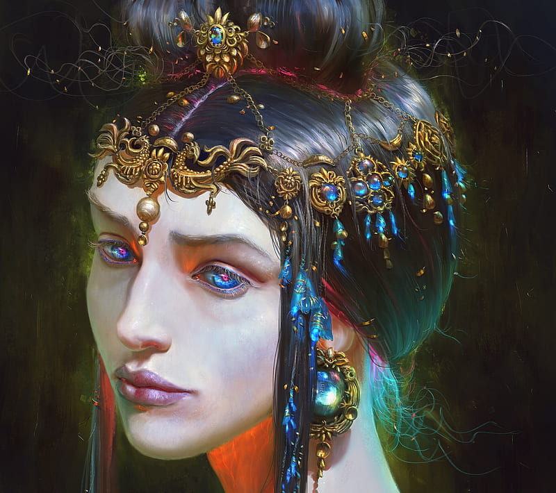 Irelynn The Oracle, henrique dld, face, jewel, blue, art, oracle, luminos, orange, fantasy, green, girl, HD wallpaper
