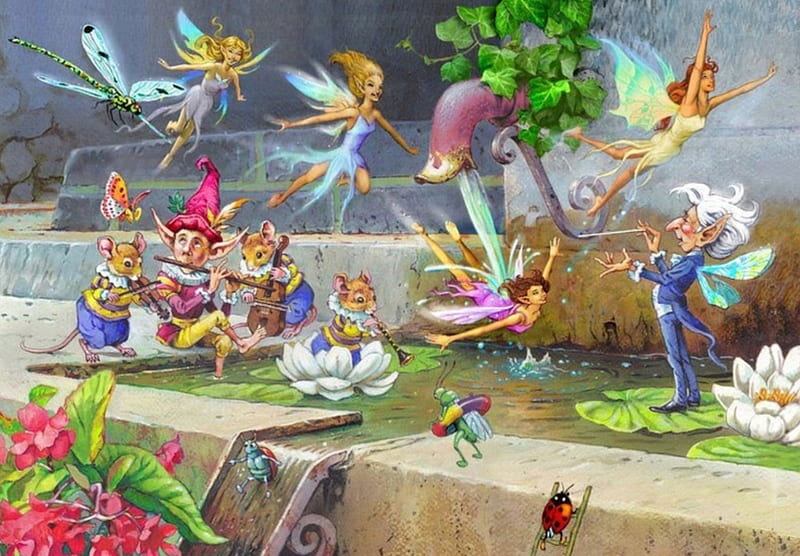Party in Fairyland, fairyland, suirrel, celebration, smiling, elves, flying, party, fairies, feast, orchestra, HD wallpaper