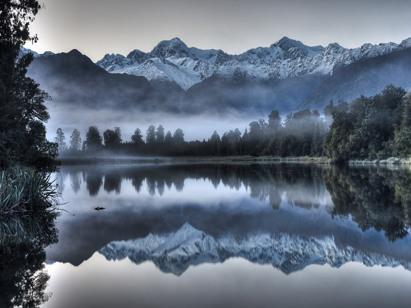 Lake Matheson, mountain, beauty, tranquil, reflection, HD wallpaper