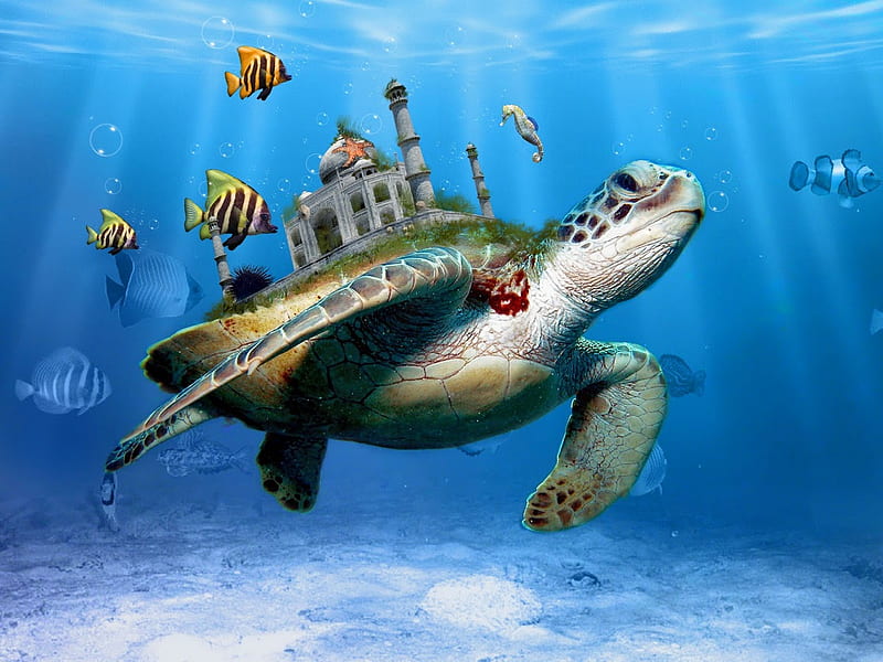Underwater Taj, underwater, taj mahal, water, fish, blie, HD wallpaper