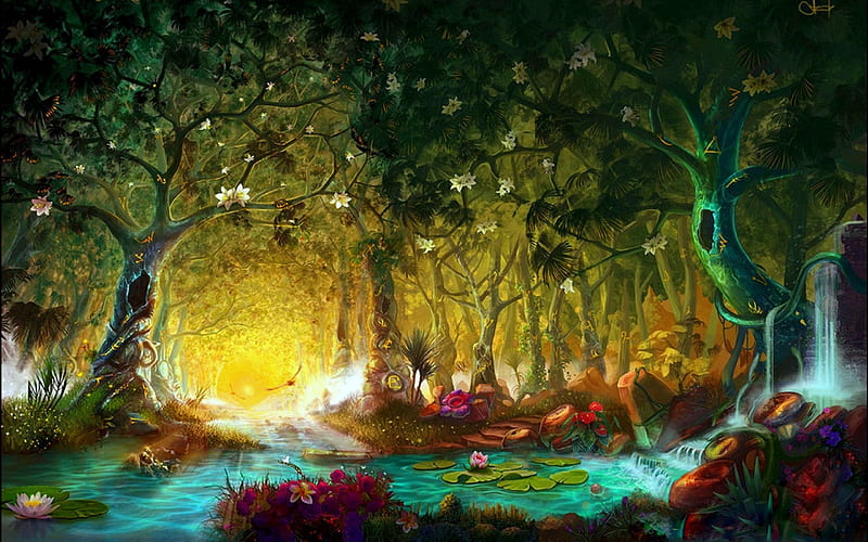 ..Magic Forest.., lotus, attractions in dreams, bonito, magic, most ed, digital art, seasons, paintings, landscapes, flowers, forests, scenery, drawings, butterfly designs, enchanted, animals, colors, love four seasons, birds, creative pre-made, butterflies, spring, trees, pond, cool, best of the best, wildlife, nature, HD wallpaper