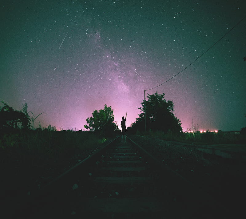 railway starry sky, man, nigh, night, space, HD wallpaper