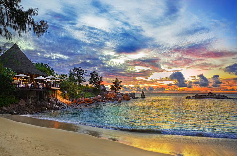 Seychelles Sunset, beach, house, colors, trees, clouds, sky, sea, HD ...