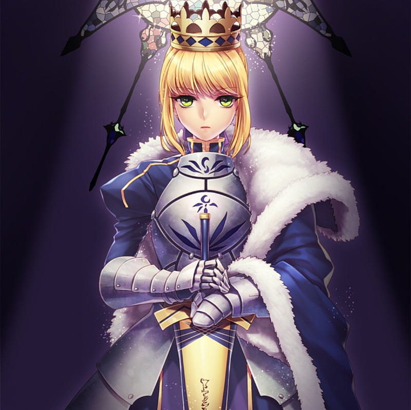 Arturia Pendragon, pretty, cg, green eyes, sweet, arturia, nice, anime, beauty, anime girl, weapon, realistic, long hair, sword, excalibur, blonde, sexy, cute, crown, knight, saber, king, blond, divine, bonito, elegant, fate stay night, blade, hot, gorgeous, fur, female, blonde hair, blond hair, armor, 3d, girl, HD wallpaper