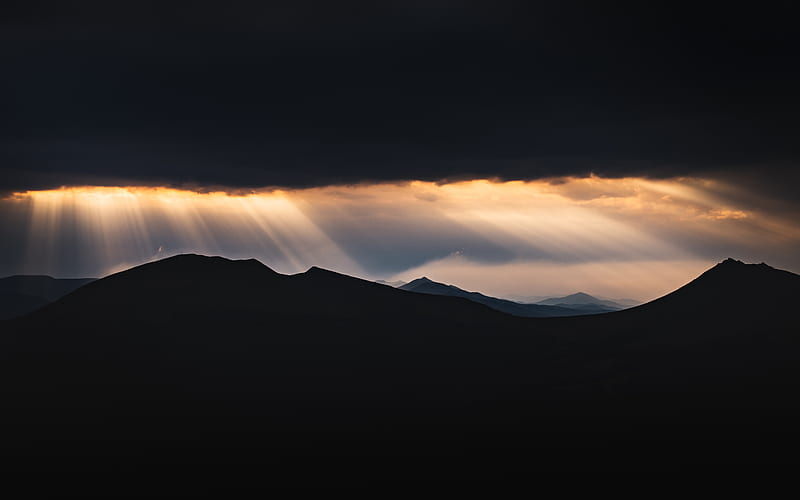 mountains, dusk, rays, light, HD wallpaper