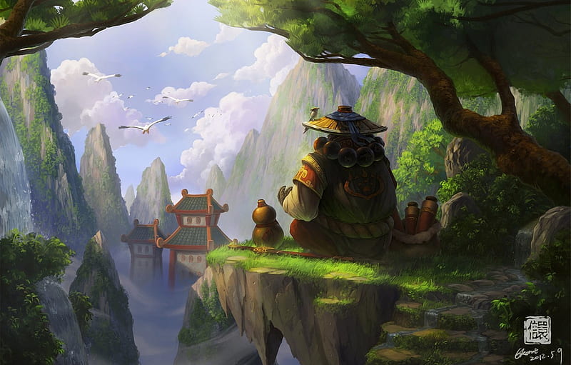 trees, birds, rocks, Asia, height, hat, art, Panda, stage, temple, World of Warcraft, Mists of Pandaria for , section игры, HD wallpaper