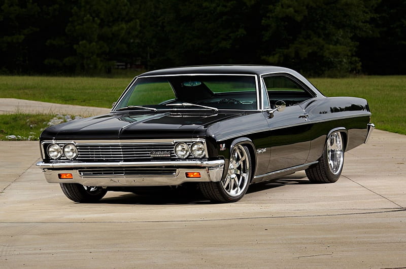1966-Chevy-Impala, Classic, Chrome Wheels, Black, GM, HD wallpaper
