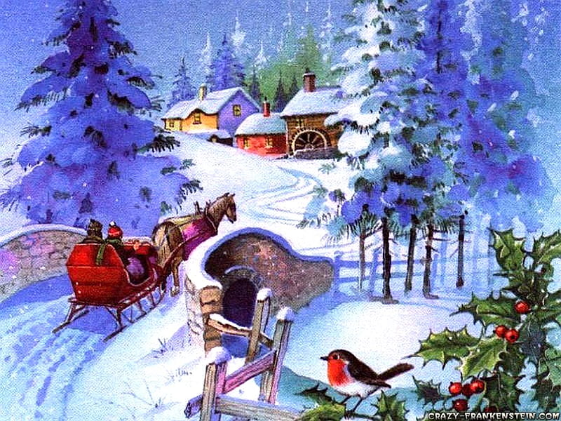 Olden Christmas, sleigh, house, robin, christmas, holly, trees, snow, bridge, ivy, HD wallpaper