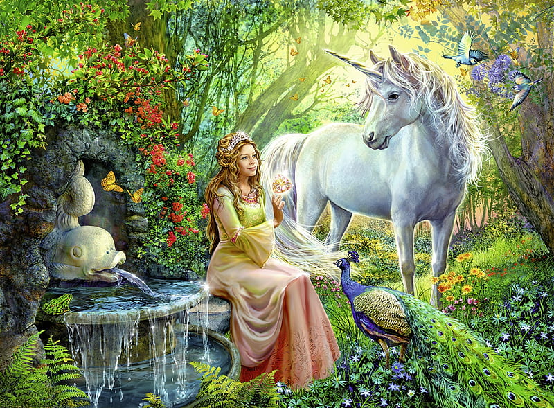 Princess and Unicorn, pretty, forest, colorful, art, unicorn, peacock, birds, bonito, butterflies, woman, fantasy, girl, digital, flowers, princess, HD wallpaper