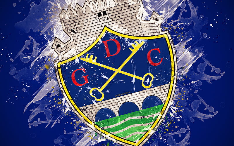 GD Chaves paint art, logo, creative, Portuguese football team, Primeira Liga, emblem, blue background, grunge style, Chaves, Portugal, football, Grupo Desportivo de Chaves, HD wallpaper