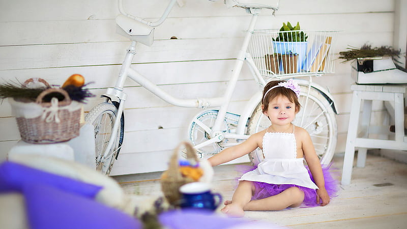Cute Little Girl Is Wearing Whte Purple Seating On Floor In White Bicycle Background Cute, HD wallpaper